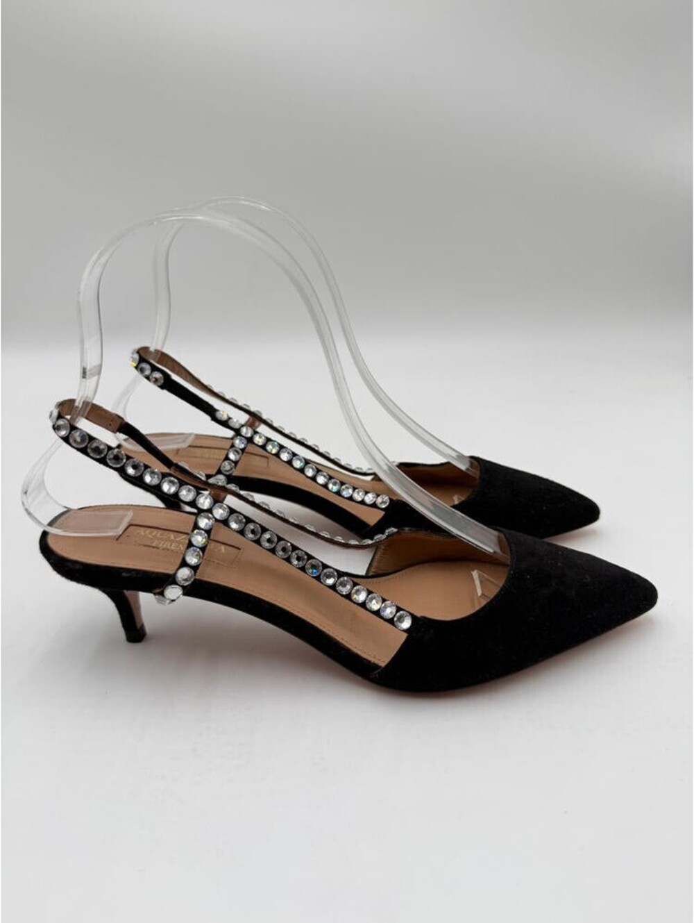 Aquazzura Black Suede Crystal Embellished Point Toe Slingback Pumps, Size 35
